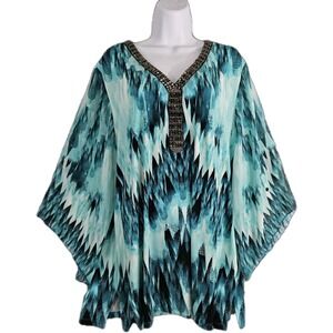 JM Collection Womens 2X Abstract Top 3/4 Sheer Sleeves Art Flowy WhimsiGoth EUC